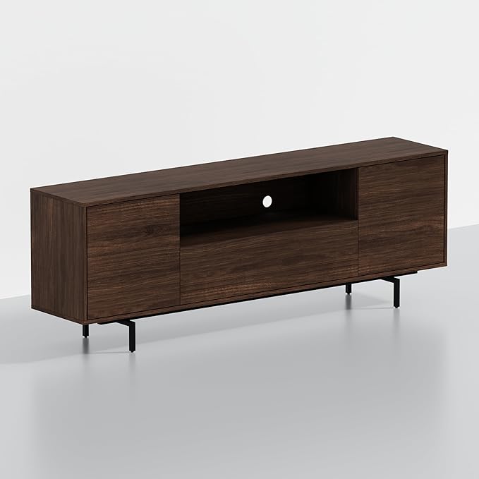 Norrhaus 75-Inch Modern TV Stand – Walnut Finish, 26-Inch Height, No Tools Assembly Technology, Storage Cabinets with Center Channel Speaker Shelf, Mid-Century Modern Design