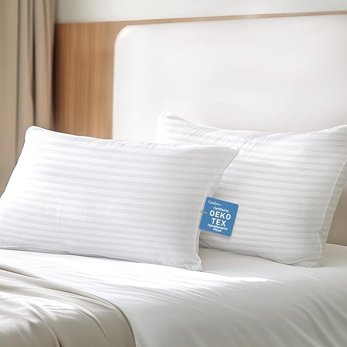 Hypoallergenic Soft Standard/Queen Size Set of 2 Pillows, Down Alternative Filling with Cotton Shell Hotel Quality Pillows, Breathable, Ideal for Side, Back and Stomach Sleeper, Oeko-TEX Certified