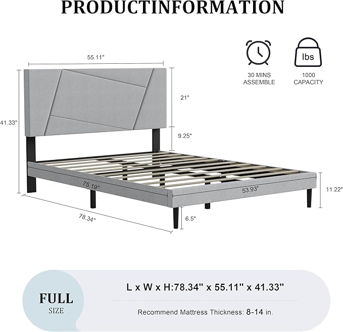 Full Size Bed Frame, Full Platform Bed Frame with Fabric Upholstered Headboard, Geometric Pattern, Sturdy Frame and Slats, No Noise Free, No Springs Required, Easy to Assemble，Light Gray