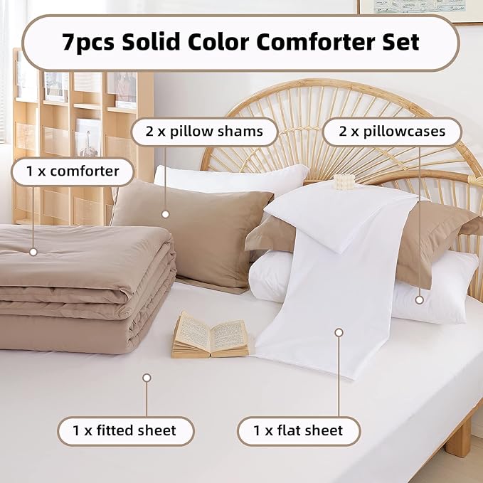 weigelia Full Size Comforter Set Taupe Comforter Set 7 Pieces Full Bed in a Bag Soft Lightweight Comforters Full Size with Sheets, Pillow Shams, Pillow Cases for All Season