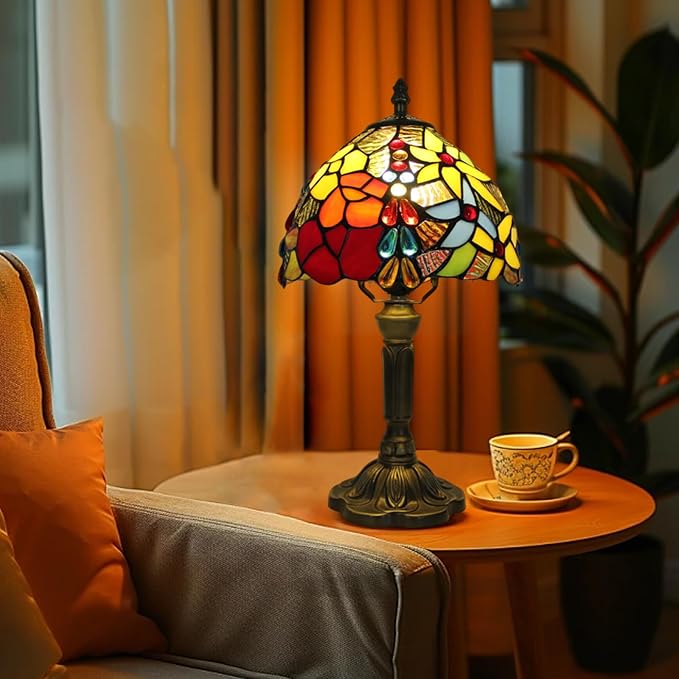 Vintage Tiffany Table Lamp Red Yellow Rose Stone Drop Decor 8" Shade Small Retro 14.6" Tall Bedroom Nightstand Bedside Desk Light Flower Pattern