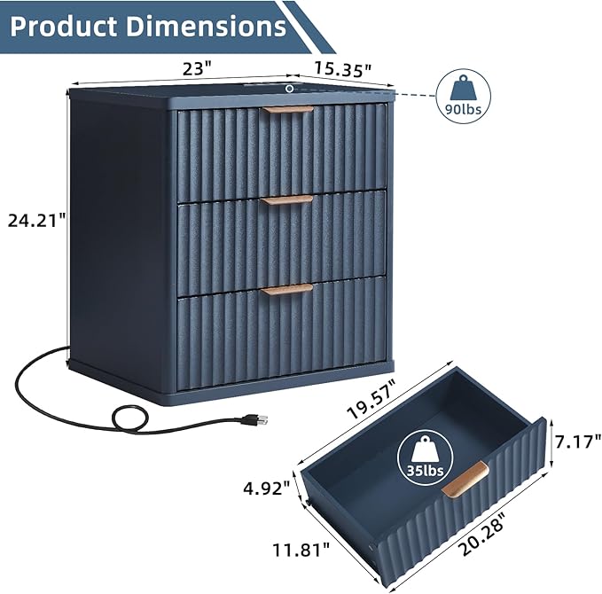 LEYAOYAO 23" Wide Fluted Night Stand with Charging Station, 3 Drawers Large End Table with Storage, Navy Blue Nightstand Wood Bedside Tables, Farmhouse Cabinet Dresser for Bedroom,Closet