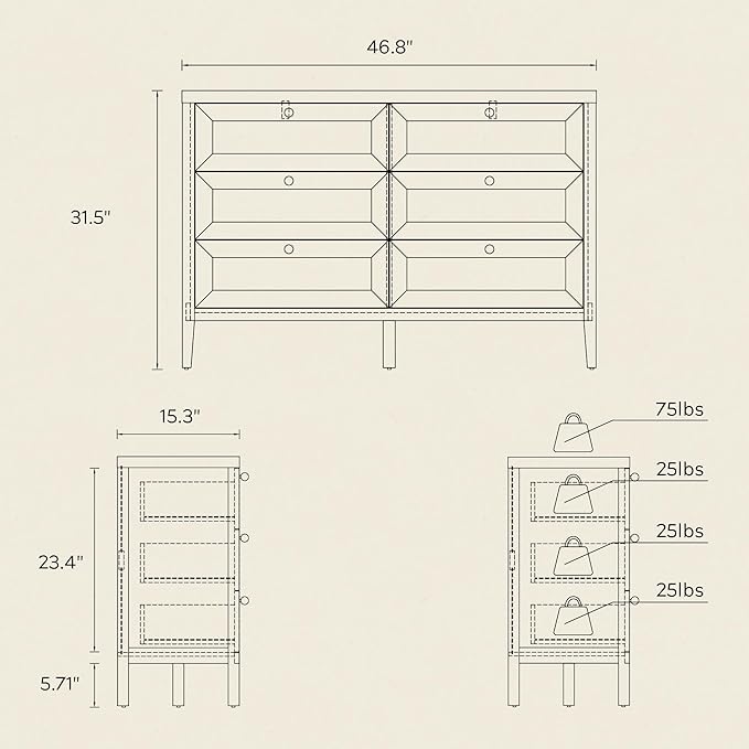 Mid Century Modern 6 Drawer Dresser for Bedroom 47" Wide Chest of Drawers Wooden Storage Dresser Organizer TV Stand for Living Room, Hallway, Natural Oak