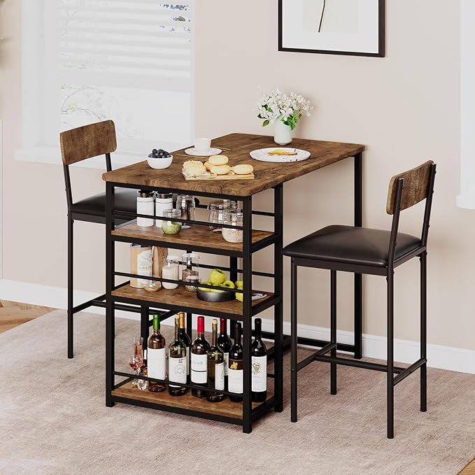 GAOMON Rustic Brown 3-Piece Counter Height Bar Kitchen Table Set with 3 Storage Shelves for Small Spaces, Apartment, Dining Table and 2 Upholstered Bar Height Chairs