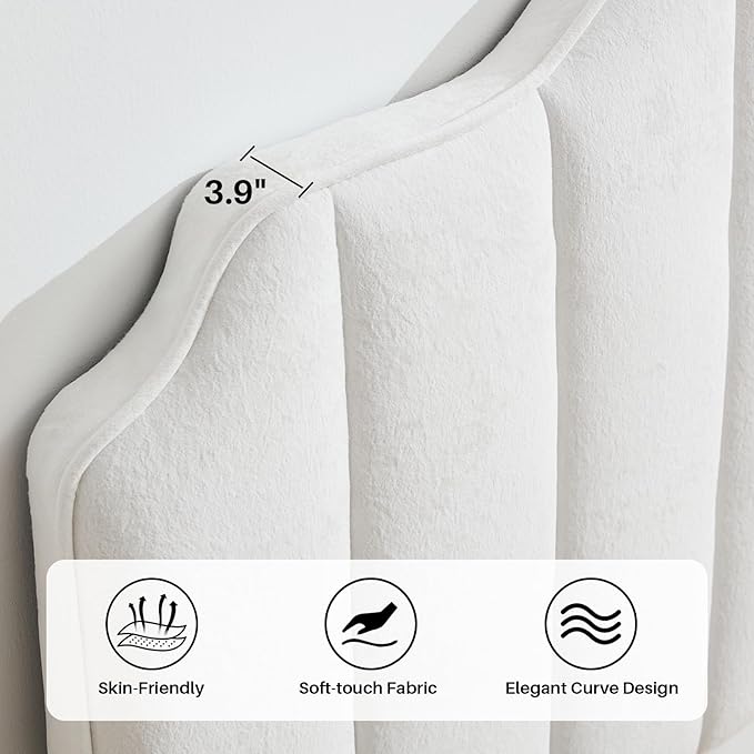 Queen Size Headboard White Upholstered Headboard Adjustable Height&Width Velvet Headboards Modern Vertical Channel Design Bed Head Board, White