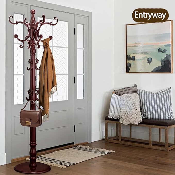 Coat Rack Freestanding, Wooden Coat Tree with Stable Round Base, Vintage Heavy Duty Coat Rack Stand with 14 Hooks, Coat Hanger Stand for Bedroom, Office, Entryway (Mahogany)