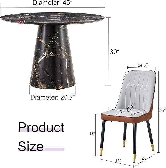45 Inch Round Dining Table Set for 4, 5 Piece Kitchen Table and Chairs Set, Black Faux Marble Table Top, Small Space Dining Set for Apartment or Dining Room