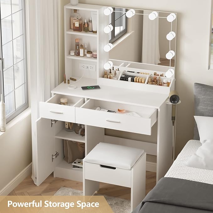 Fameill Makeup Vanity Desk with Lighted Mirror & Power Strip,White Vanity Table Set with Lights and Lots Storage,2 Drawer Makeup Table,3 Lighting Colors,35.4in(L)