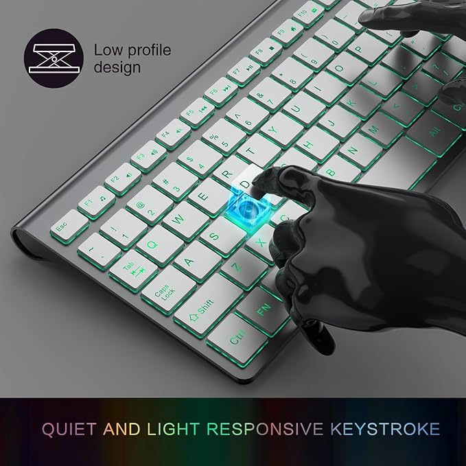 J JOYACCESS Wireless Keyboard and Mouse Combo with 7 Backlit Options,Quiet Light Up Keys,Type-C Rechargeable,Sleep Mode-2.4G Slient Portable Cordless Combo for Laptop/PC/Computer/Mac(Grey+Sliver)