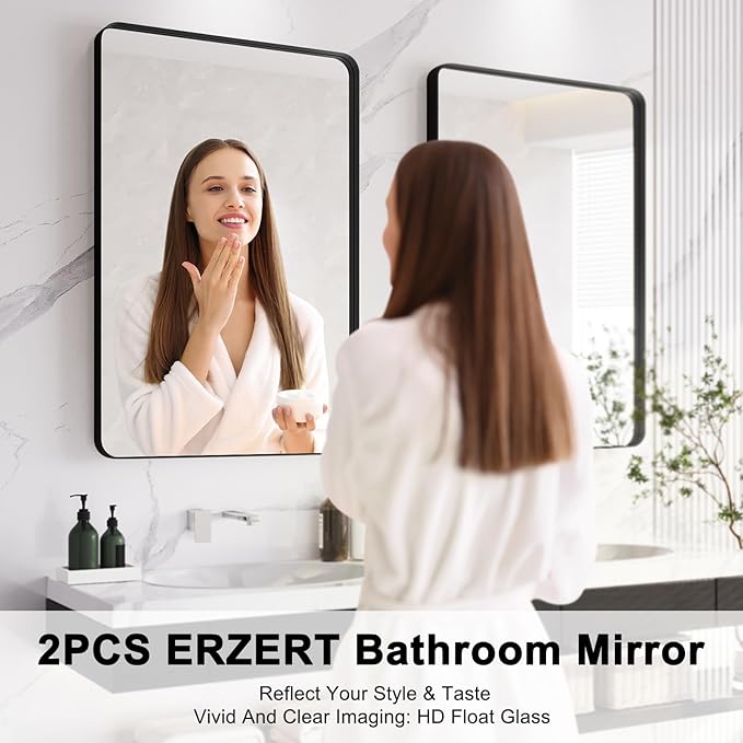 Bathroom Mirrors for Over Sink,2Pcs 24x36Inch Vanity Mirrors for Wall,Black Metal Frame Rectangle Mirrors for Bathroom Vertically Restroom,Hangs Horizontally or Farmhouse