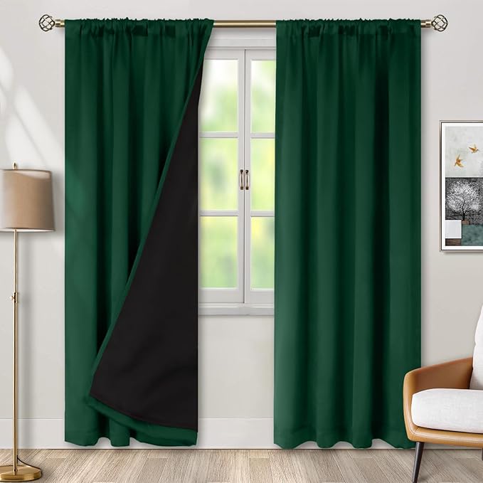 BGment Emerald Green Blackout Curtains with Liner, 100% Blackout Thermal Insulated Rod Pocket and Back Tab Double Layer Noise Reduce Room Darkening Curtains for Bedroom (42 x 84 Inch, 2 Panels)