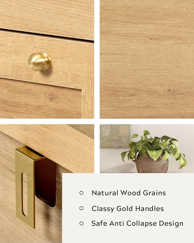 Mid Century Modern 6 Drawer Dresser for Bedroom 47" Wide Chest of Drawers Wooden Storage Dresser Organizer TV Stand for Living Room, Hallway, Natural Oak