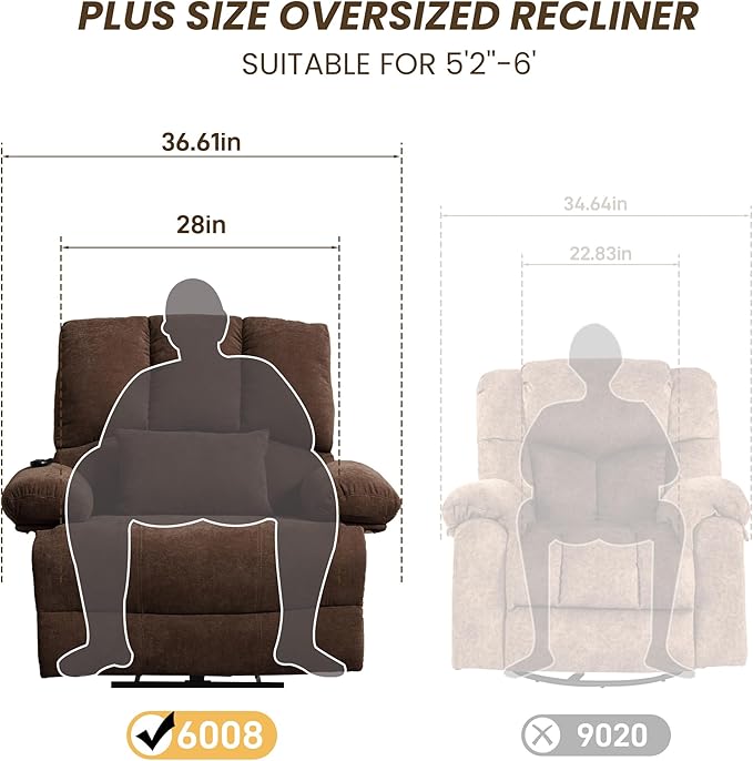 Oversized Power Recliner Chair 350lb with Hidable Cup Holders, Extra Wide Large Big Electric Recliner Chair with Lumbar Support Pillow Nursery Chair Living Room (Power, BROWN-ET6008)