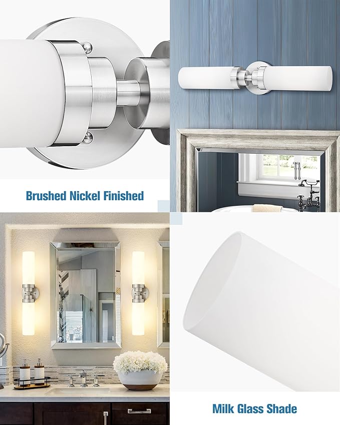 Emak Modern Brushed Nickel Bathroom Light Fixtures, 2-Light Vanity Lights for Mirror, 22 Inch Indoor Wall Sconces with Milk Glass Shade for Bathroom, Bedroom, Hallway, VL085-BN-ML-2
