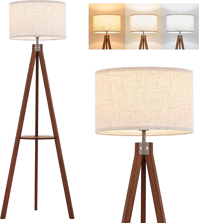 ELYONA Tripod Floor Lamp with Shelves, 3 Color Temperatures LED Modern Wood Table Reading Standing Light, Wooden Shelf Floor Lamp for Farmhouse Living Room Bedroom Office Nature Linen Shade,Brown