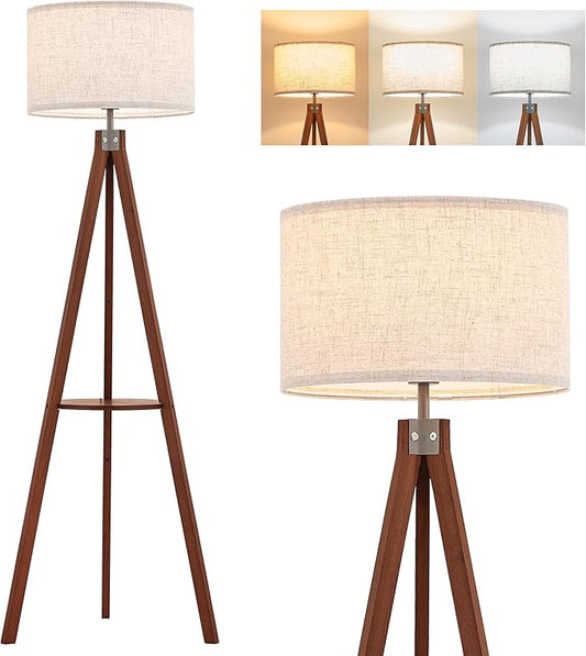 ELYONA Tripod Floor Lamp with Shelves, 3 Color Temperatures LED Modern Wood Table Reading Standing Light, Wooden Shelf Floor Lamp for Farmhouse Living Room Bedroom Office Nature Linen Shade,Brown