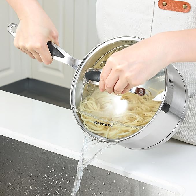Rorence 2.5 QT Stainless Steel Saucepan, Sauce Pan with Silicone Coated Handles and Pout Spouts, Induction Small Cooking Pot with Clear Transparent Tempered Glass Lid for All Stoves, Dishwasher Safe