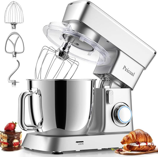 Stand Mixer, 6QT 10+P Speed Tilt-Head Kitchen Electric Mixer, Food Mixer with Stainless Steel Bowl, Dough Hook, Flat Beater, Wire Whisk, Splash Guard for Daily Use - Silver