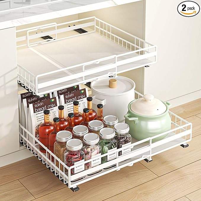 DREMAK Pull Out Cabinet Organizer, 2 Pack Expandable Pull out Drawers for Cabinets, Upgrade 3 Slide Rails Adhesive with Film No Drill, Adjustable Width 12.2"-20.1"