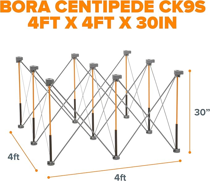 Bora Centipede 30in Folding Work Table Set - No Assembly 9-Strut Collapsible Table 3500lb Weight Limit - 4x4ft Mobile Work Station with Storage Bag, Foldable Work Bench Table - CK9S, Orange/Black