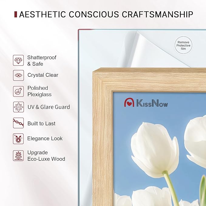 8x10 Picture Frame 4 Pack, Natural Oak Wood Gallery Photo Frame, Wall Hanging or Tabletop Display