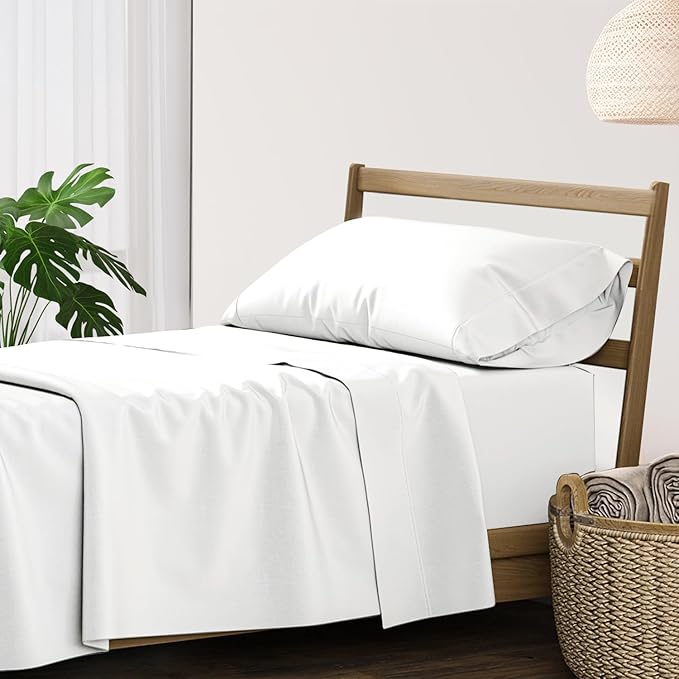 XOOX Linen 100% Cotton Twin Sheets Set - 500 Thread Count Cotton Sheets Twin Size, Extra Soft, Sateen Weave, Cooling Deep Pocket Bed Sheet for Dorm Room, Luxury Hotel Quality Bedding (3 PC, White)