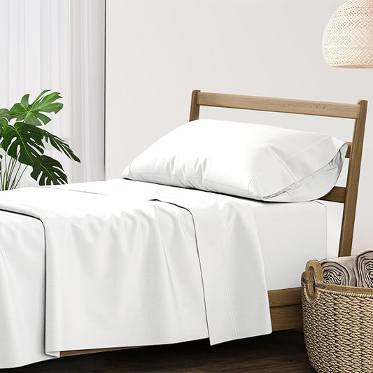 XOOX Linen 100% Cotton Twin Sheets Set - 500 Thread Count Cotton Sheets Twin Size, Extra Soft, Sateen Weave, Cooling Deep Pocket Bed Sheet for Dorm Room, Luxury Hotel Quality Bedding (3 PC, White)