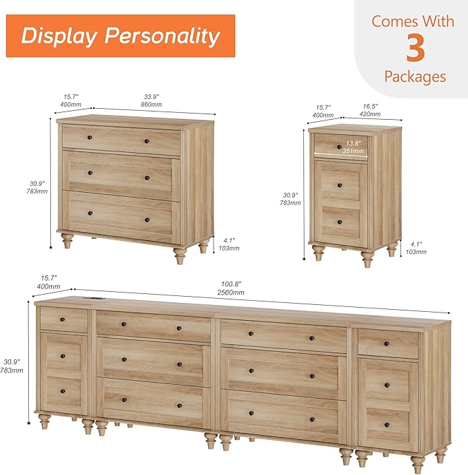 WAMPAT Farmhouse TV Stand for 100 Inch TV, 3-in-1 TV Console Table with 8 Drawers and 2 Storages, Entertainment Center for 75/80/85/90 Inch TV, Nightstands with Charging Station for Living Room, Oak