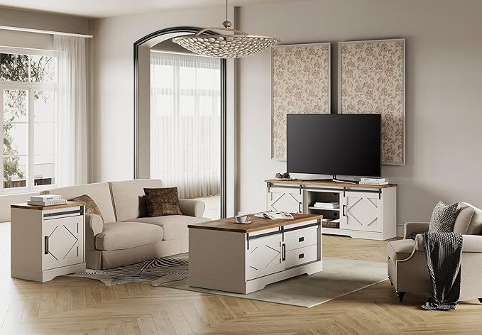 WAMPAT Modern Farmhouse TV Stand for TVs up to 75 inch with Sliding Barn Door,Wood Entertainment Center with Adjustable Media Storage Shelf for Living Room, Cream White