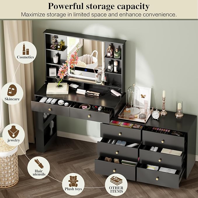 Large Makeup Vanity Desk with Mirror and Lights, Vanity Desk with 8 Drawers & Storage Shelves, Vanity Table with Power Outlet, 3 Color Modes & Adjustable Brightness Dressing Table, Bedroom,Black