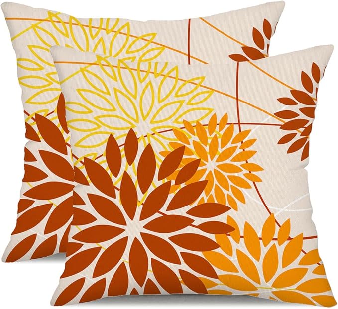 Brown Yellow Fall Pillow Cover 18X18 Inch Set of 2 Outdoor Waterproof Floral Brown Decorative Pillowcase Decor for Couch Patio Funiture Garden Print Polyester Cushion Cover 01M18