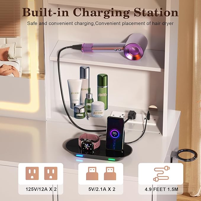 47'' Large Vanity Desk with Mirror and Lights, 7 Drawers, 8 Storage Shelves Vanity Table, Big Makeup Vanity Desk with 3 LED Lighting Modes, Vanity Dresser with Outlet, Sliding Mirror (White)