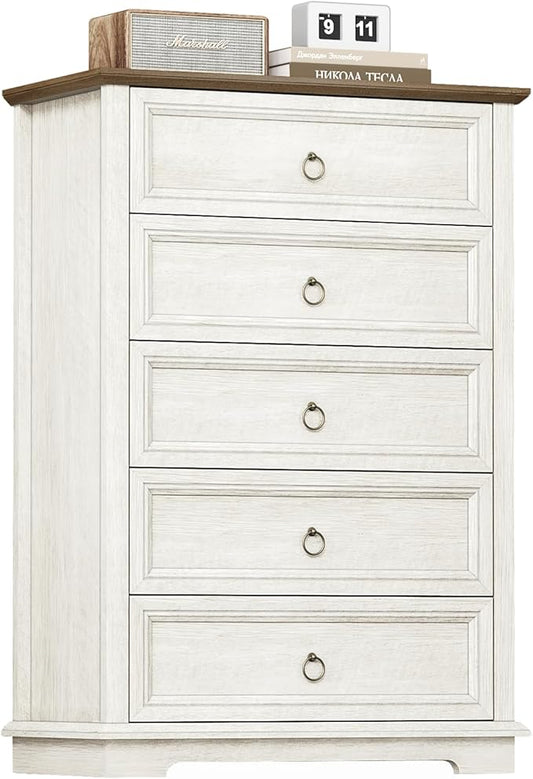 5 Drawer Dresser, Chest of Drawers with Double Anti-Tip, Modern Tall Dresser Organizer for Bedroom, Living Room & Hallway – Easy Assembly Storage Cabinet, White