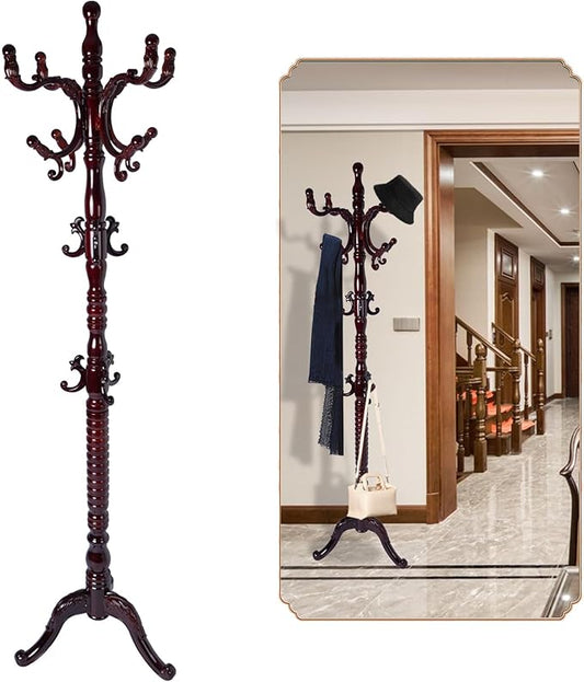 Coat Rack Freestanding, Wooden Tree Coat Rack Stand with 3 Adjustable Sizes Coat Tree and 14 Hooks, Sturdy Hall Tree with Solid Round Base for Entryway, Hallway,Bedroom (Reddish brown-Tri-Legged Base)