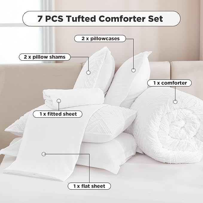 Andency White Comforter King Size Set with Sheets - 7 Pieces Boho Bed in a Bag Tufted Bedding Sets Lightweight All Season Bed Set with Comforter, Sheets, Pillowcases & Shams