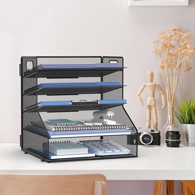 SUPEASY 5-Tier Desk File Organizer, Metal Letter Paper Tray, Desk Organizers and Accessories for Home Office Supplies, Black