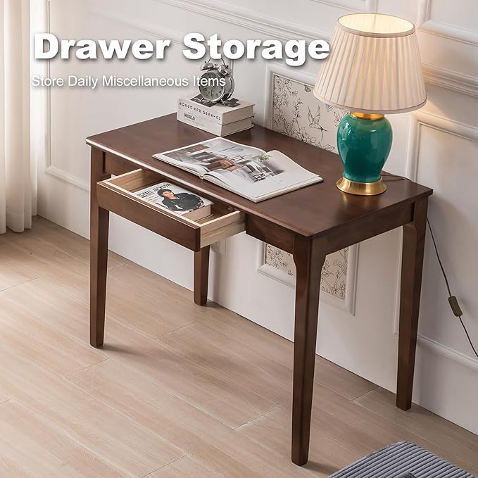 Solid Wood Desk, Gaming Study Home Office Desks for Work, Student PC Desk for Bedroom, Small Computer Desk for Small Spaces, Easy to Assemble (Walnut Color, 39inch)