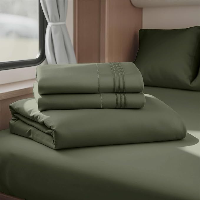 Clara Clark Bed Sheets, Premier 1800 Series 4 Piece RV Queen Sheet Set, Luxury Soft Sheets for RV Bunks, Short Queen - Olive Green
