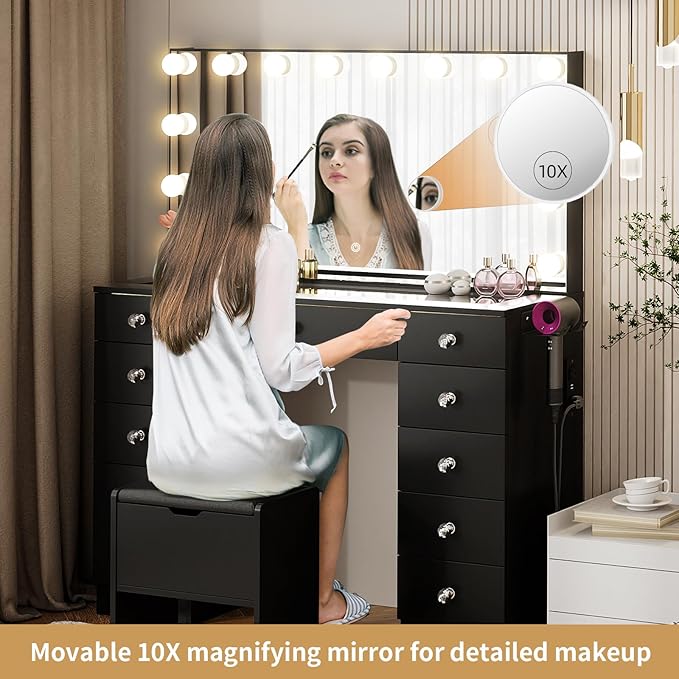 VOWNER Vanity with Lighted Mirror - Glass Top Makeup Vanity Desk with Lights and 11 Drawers, 3 Color Lighting Modes Adjustable Brightness, 46" Makeup Desk with Soft Cushioned Stool for Bedroom, Black