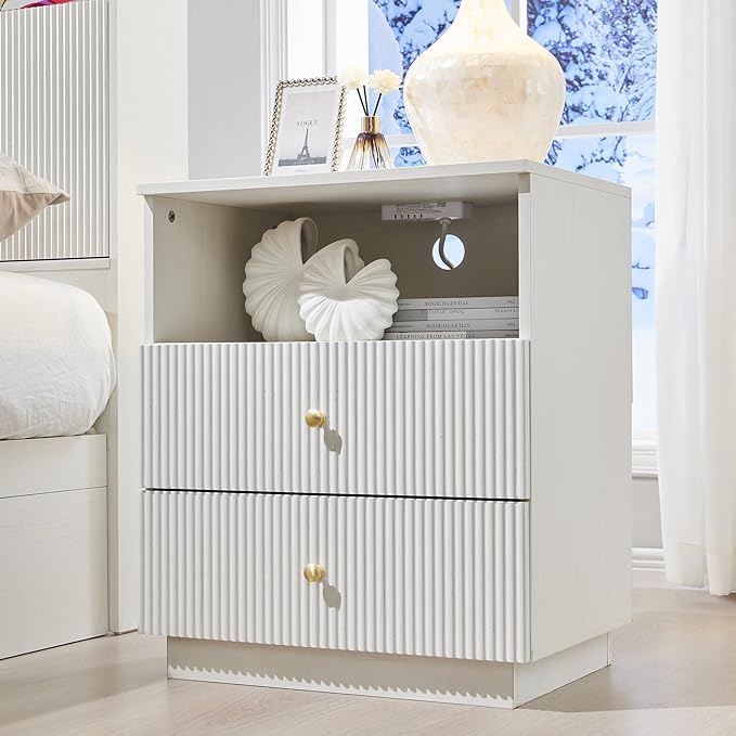 Fluted Nightstand with Charging Station, 21.65" Wide End Table with 2 Drawers, Modern Wood Bedside Table for for Bedroom, Living Room,White