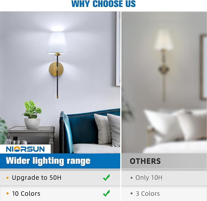 NIORSUN 19.9 inch Battery Operated Wall Sconce Set of 2,Black-Gold Rechargeable Wall Lights with 5200mAh Dimmable Detachable Bulbs and Remote,10 Colors Wireless Sconces for Bedroom Living Room Hallway