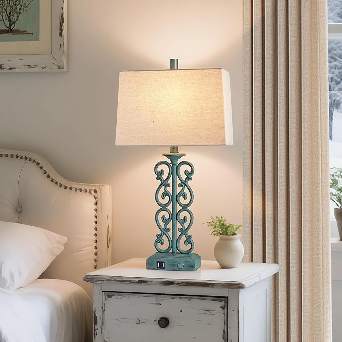 25" Set of 2 Touch Vintage Resin Table Lamps for Living Room, 3-Way Dimmable Nightstand Lamp with 2 USB Ports, Farmhouse Rustic Bedside Lamp for Entryway Bedroom End Table, 2 LED Bulb Included