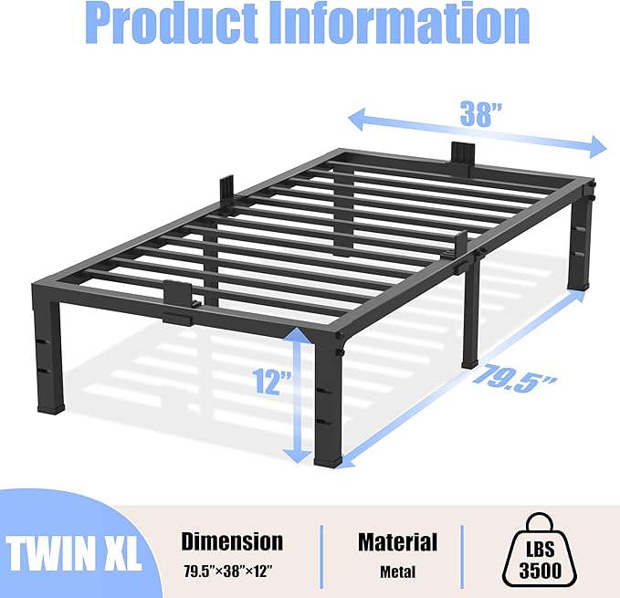 Twin XL Size Bed Frames 12 inch High 3500 lbs Heavy Duty Metal Platform Mattress Foundation with Steel Slat Support/No Box Spring Needed/Noise Free/Non-Slip/Easy Assembly