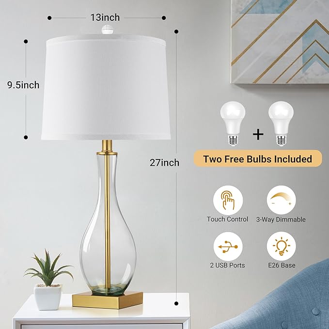 WIHTU Table Lamps Set of 2 with Touch Control, 27" Bedside Desk Lamps for Nightstand Decorations, 3-Way Dimmable Modern Glass Table lamp with USB C and A Charging Ports, Gold (LED Bulbs Included)