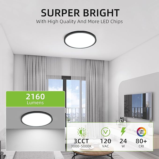 hykolity 12 Inch Selectable CCT LED Round Flat Panel Light, 24W 3000K/4000K/5000K, Edge-Lit Flush Mount Ceiling Light Fixture for Kitchen, Bedroom, Laundry and Closet Room，Black