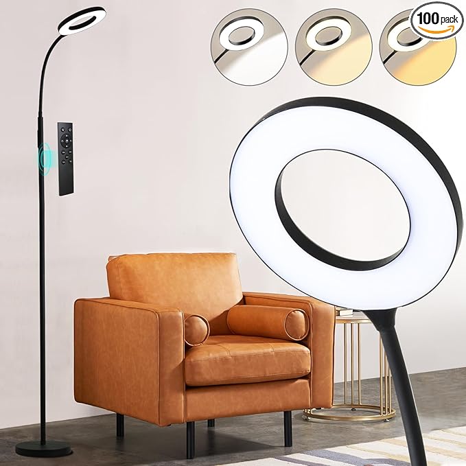 LED Floor Lamp, 12W/1000LM Reading Light, 3 Color Temperatures Bright Floor Lamp, Adjustable Gooseneck Standing Lamp with Remote & Touch Control for Living Room, Bedroom, Office(Black)