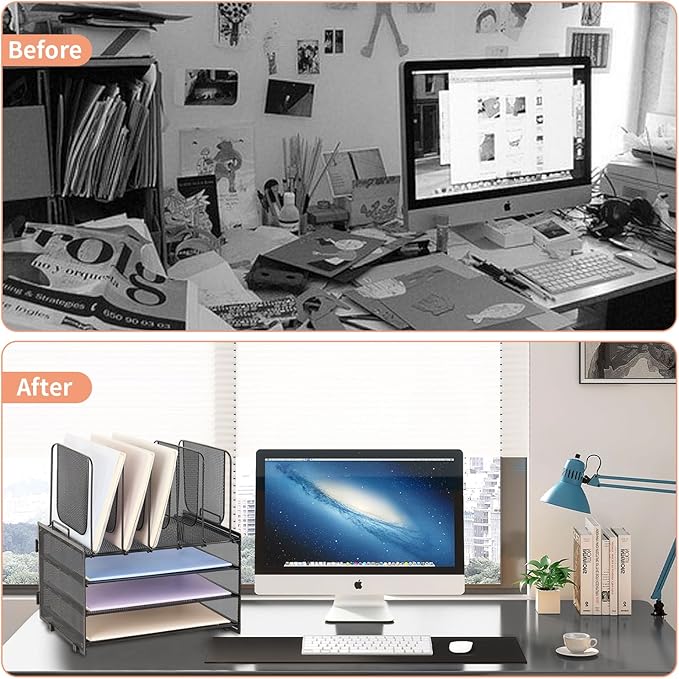 Desk Organizers and Accessories, 3-Tier Paper Organizer with 5 Vertical File Holders, File Folder Organizer (Black, 3T)