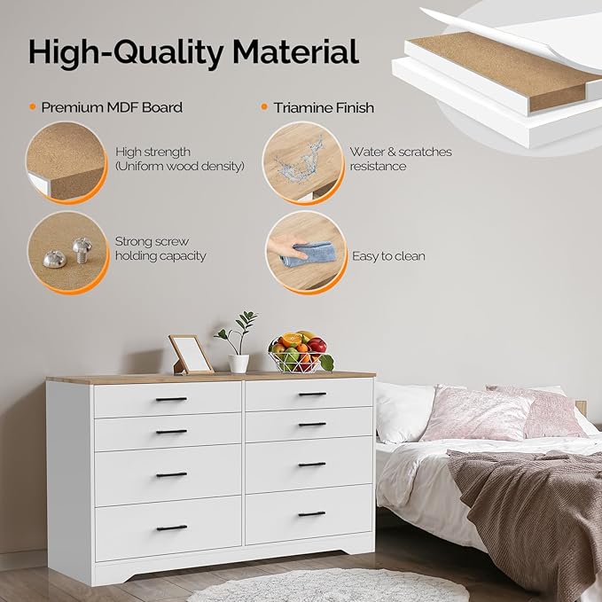 VINGLI 8 Drawer Dresser 56" Long Dresser White, Wood Dresser for Bedroom, Wood Dresser Chest of Drawers, Storage Dresser Cabinet, Modern Dresser, Large Dresser, Nursery Dresser, Brown Top