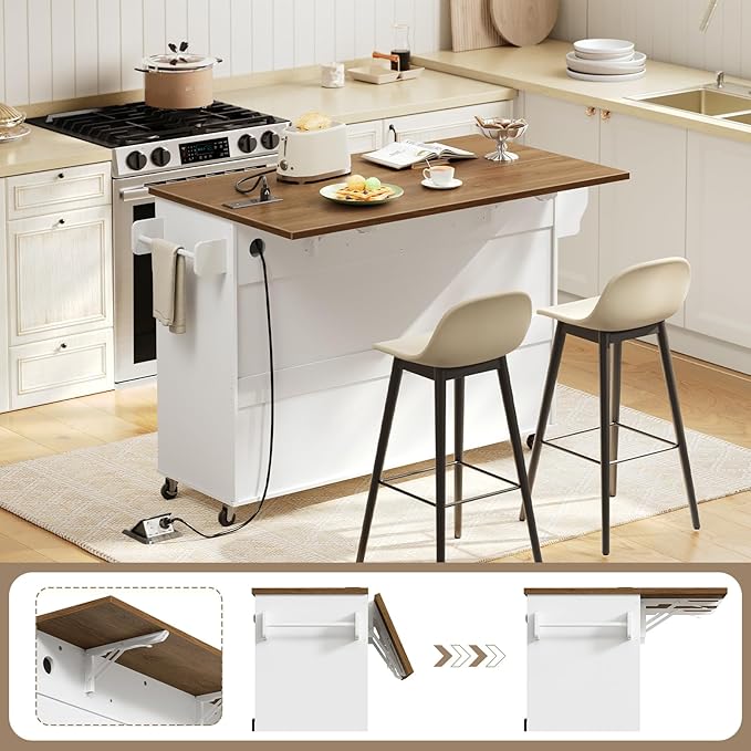 HOOBRO Kitchen Island with Drop Leaf, Rolling Kitchen Island with Storage and Power Outlet, Kitchen Cart with 3 Drawers and Adjustable Shelves, Towel and Spice Rack, for Dining Room, White and Walnut