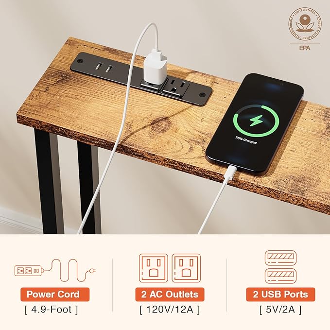 63" Sofa Table Narrow Long - 2 Power Outlets & 4 USB Ports, Metal Frame,Behind Couch Table Behind Sofa for Living Room, Hallway, Entrance- Easy Assembly, 4.9' Extension Cord Included.